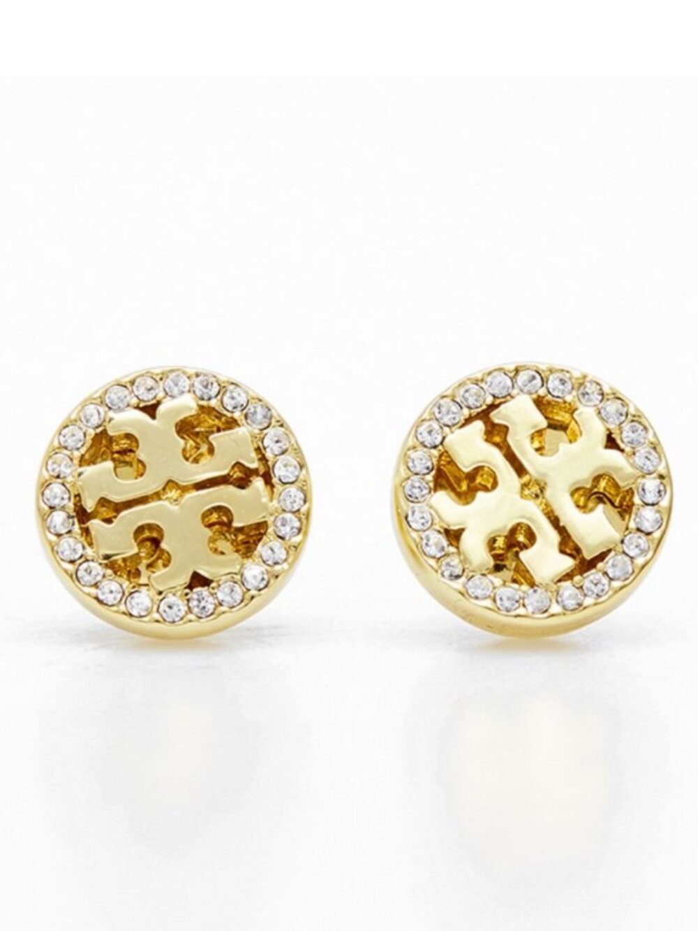 Tory Burch Miller Crystal Logo Stud Earrings Gold Tone Pavé Double T Earrings